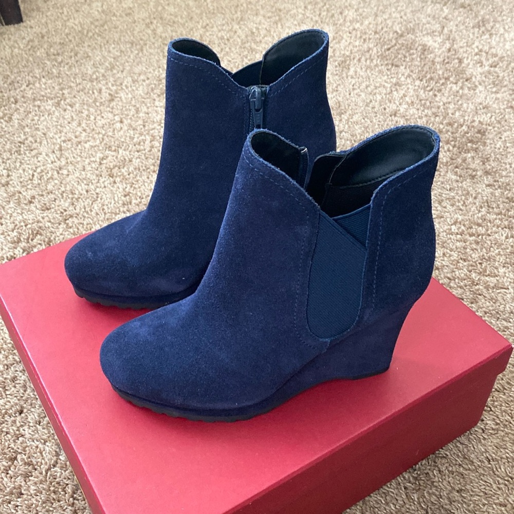 Booties | Blue Suede Ankle Wedge Booties